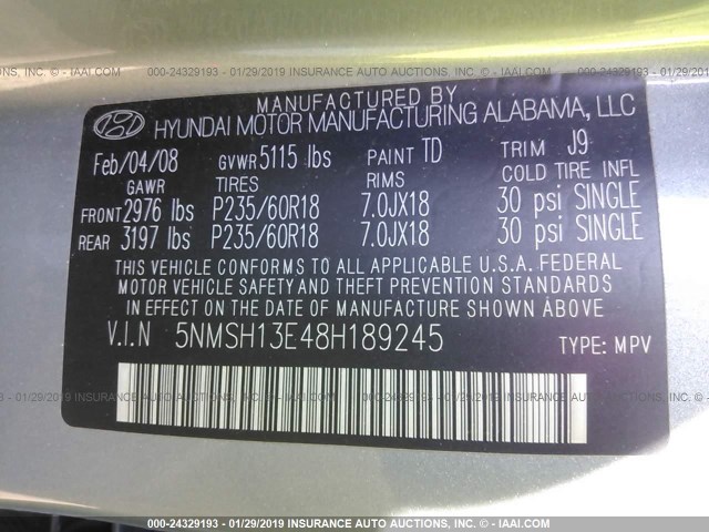 5NMSH13E48H189245 - 2008 HYUNDAI SANTA FE SE/LIMITED GRAY photo 9