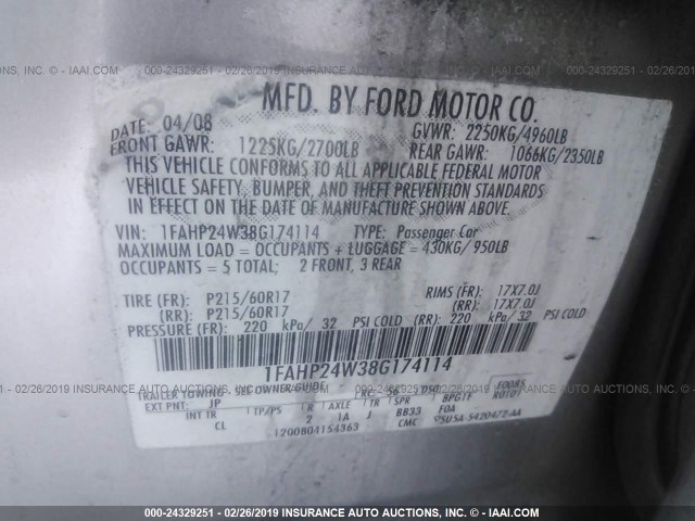 1FAHP24W38G174114 - 2008 FORD TAURUS SEL SILVER photo 9