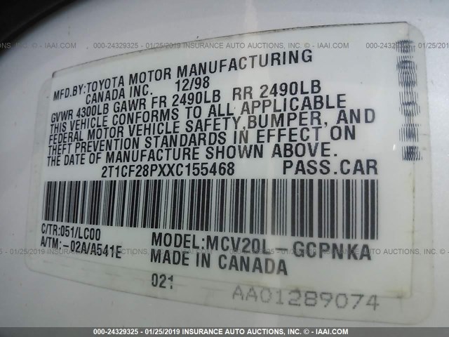 2T1CF28PXXC155468 - 1999 TOYOTA CAMRY SOLARA SE/SLE Ağ foto 9