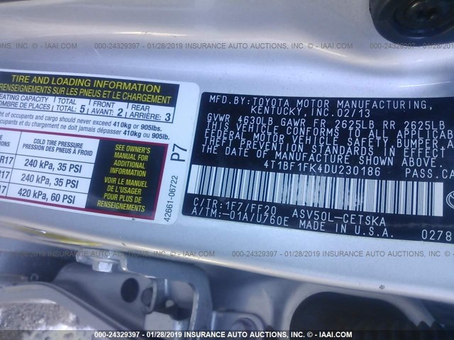 4T1BF1FK4DU230186 - 2013 TOYOTA CAMRY L/SE/LE/XLE 灰色 照片 9