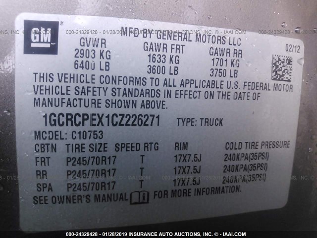 1GCRCPEX1CZ226271 - 2012 CHEVROLET SILVERADO C1500 GRAY photo 9