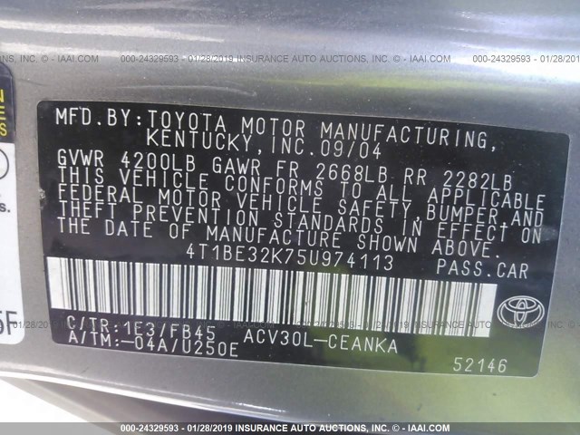 4T1BE32K75U974113 - 2005 TOYOTA CAMRY LE/XLE/SE GRAY photo 9
