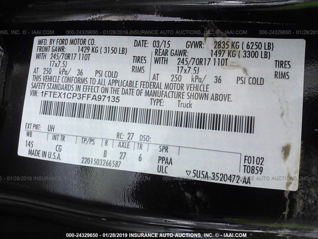 1FTEX1CP3FFA97135 - 2015 FORD F150 SUPER CAB BLACK photo 9