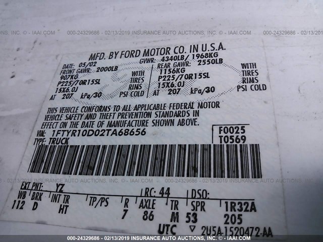 1FTYR10D02TA68656 - 2002 FORD RANGER WHITE photo 9