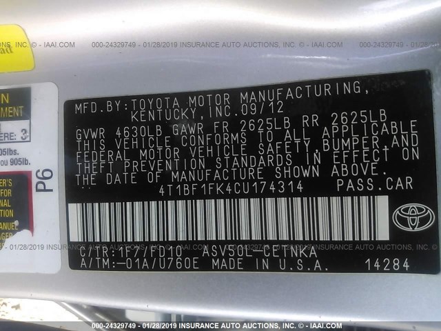 4T1BF1FK4CU174314 - 2012 TOYOTA CAMRY SE/LE/XLE SILVER photo 9