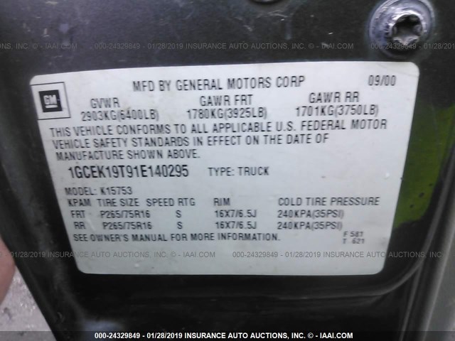 1GCEK19T91E140295 - 2001 CHEVROLET SILVERADO K1500 GRAY photo 9