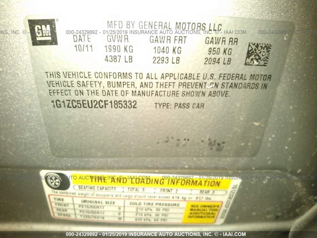 1G1ZC5EU2CF185332 - 2012 CHEVROLET MALIBU 1LT SILVER photo 9