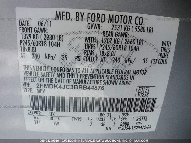 2FMDK4JC3BBB44876 - 2011 FORD EDGE SEL SILVER photo 9