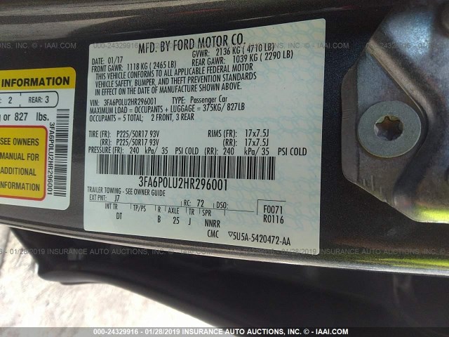 3FA6P0LU2HR296001 - 2017 FORD FUSION SE HYBRID GRAY photo 9