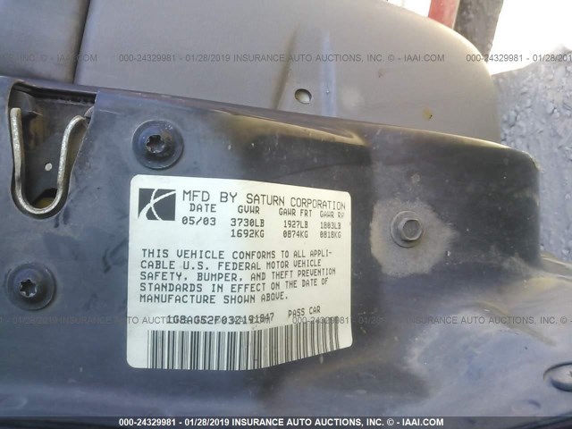 1G8AG52F03Z191847 - 2003 SATURN ION LEVEL 1 RED photo 9