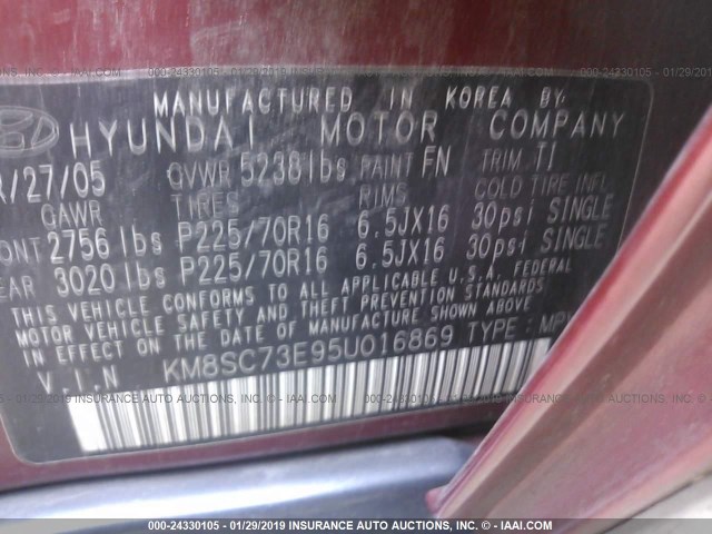 KM8SC73E95U016869 - 2005 HYUNDAI SANTA FE GLS/LX RED photo 9