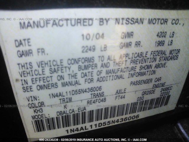 1N4AL11D55N436006 - 2005 NISSAN ALTIMA S/SL BLACK photo 9