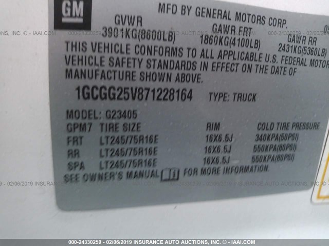 1GCGG25V871228164 - 2007 CHEVROLET EXPRESS G2500  WHITE photo 9