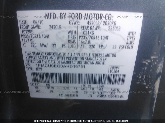 1FMCU0EG0AKD16751 - 2010 FORD ESCAPE LIMITED Light Blue photo 9