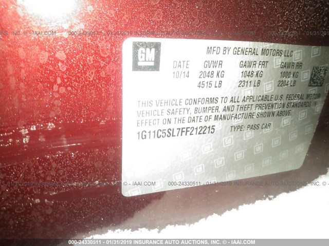 1G11C5SL7FF212215 - 2015 CHEVROLET MALIBU 1LT 勃艮第红 照片 9