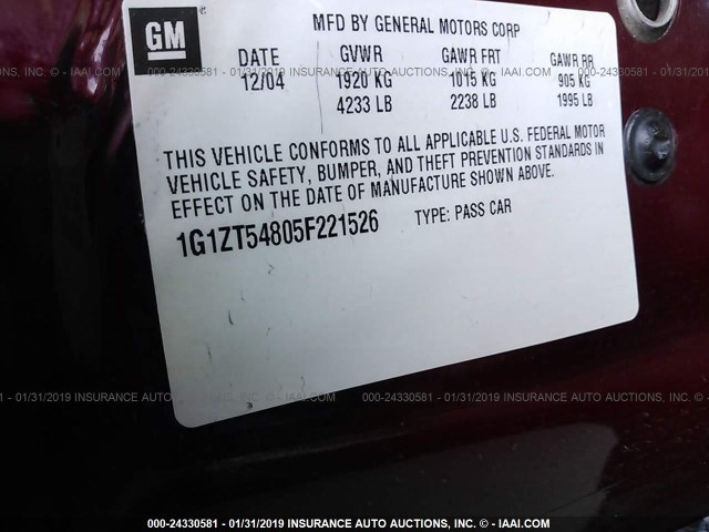 1G1ZT54805F221526 - 2005 CHEVROLET MALIBU LS RED photo 9