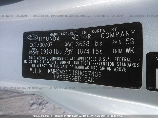 KMHCM36C18U067436 - 2008 HYUNDAI ACCENT GS SILVER photo 9