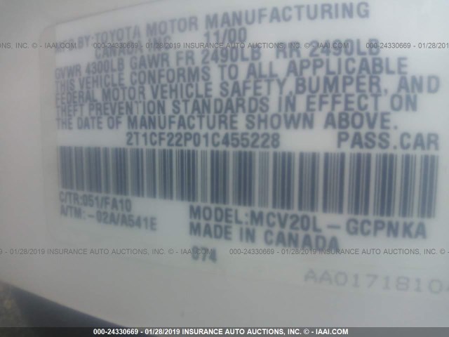 2T1CF22P01C455228 - 2001 TOYOTA CAMRY SOLARA SE/SLE WHITE photo 9