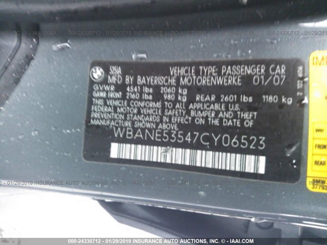 WBANE53547CY06523 - 2007 BMW 525 I GRAY photo 9