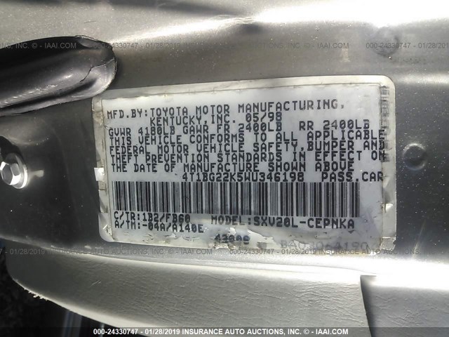 4T1BG22K5WU346198 - 1998 TOYOTA CAMRY CE/LE/XLE GRAY photo 9