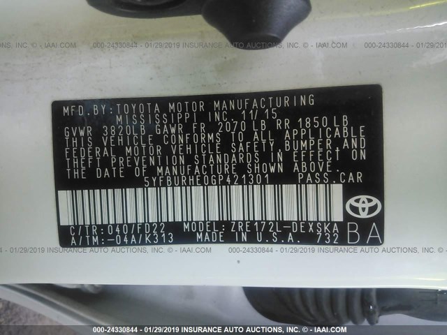 5YFBURHE0GP421301 - 2016 TOYOTA COROLLA L/LE/LE PLS/PRM/S/S PLS WHITE photo 9