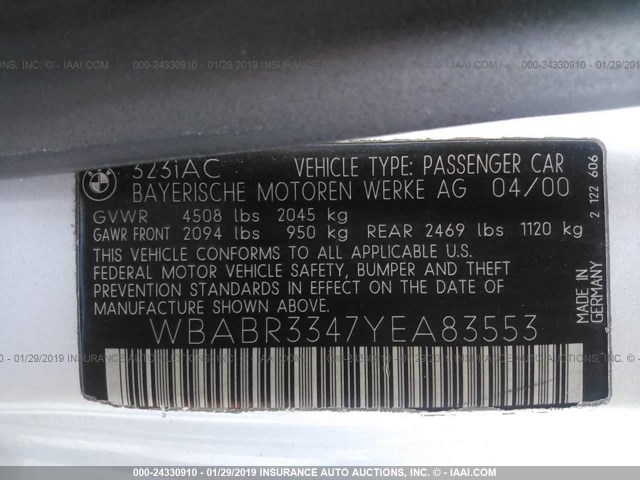 WBABR3347YEA83553 - 2000 BMW 323 CI SILVER photo 9