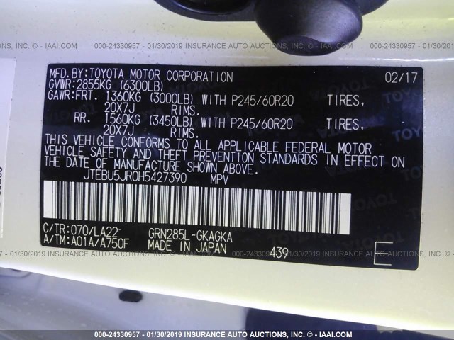 JTEBU5JR0H5427390 - 2017 TOYOTA 4RUNNER SR5 PREM/LTDL/TRAIL/TRD Biały zdjęcie 9