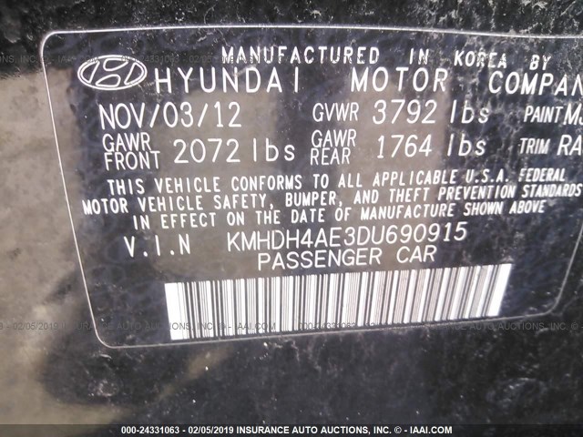 KMHDH4AE3DU690915 - 2013 HYUNDAI ELANTRA GLS/LIMITED BLACK photo 9