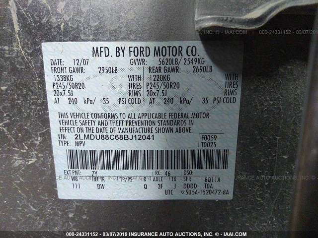 2LMDU88C68BJ12041 - 2008 LINCOLN MKX GRAY photo 9