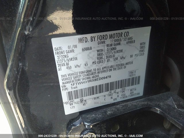 1FTWW31RX8ED09478 - 2008 FORD F350 SRW SUPER DUTY BLACK photo 9