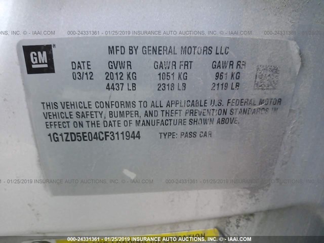 1G1ZD5E04CF311944 - 2012 CHEVROLET MALIBU 2LT SILVER photo 9