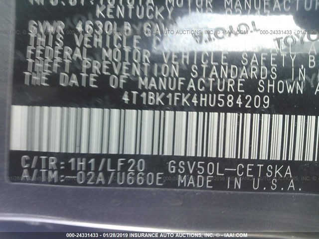 4T1BK1FK4HU584209 - 2017 TOYOTA CAMRY XSE/XLE Boz foto 9