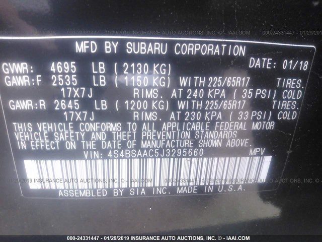 4S4BSAAC5J3295660 - 2018 SUBARU OUTBACK 2.5I BLACK photo 9