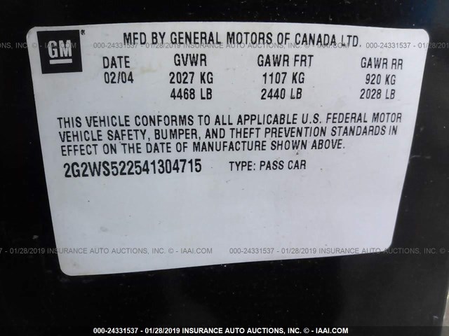 2G2WS522541304715 - 2004 PONTIAC GRAND PRIX GT2 შავი ფოტო 9