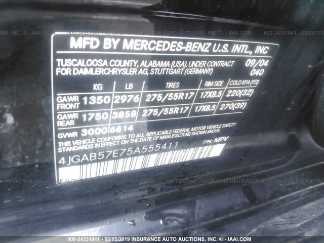 4JGAB57E75A555411 - 2005 MERCEDES-BENZ ML 350 BLACK photo 9