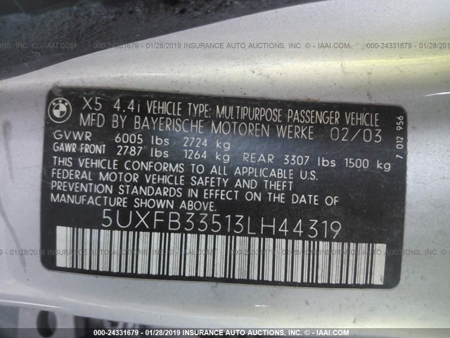 5UXFB33513LH44319 - 2003 BMW X5 4.4I SILVER photo 9