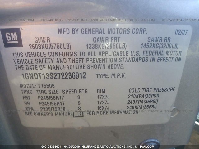 1GNDT13S272236912 - 2007 CHEVROLET TRAILBLAZER LS/LT GOLD photo 9