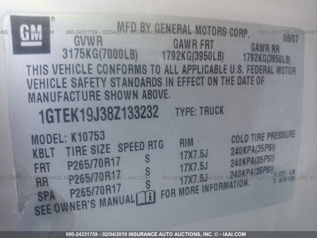 1GTEK19J38Z133232 - 2008 GMC SIERRA K1500 Champagne photo 9