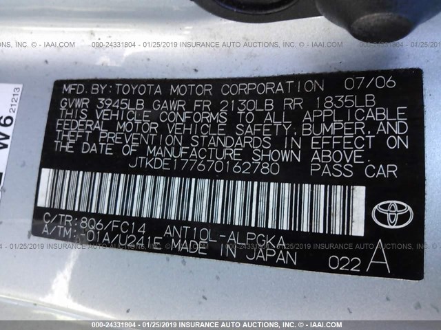 JTKDE177670162780 - 2007 TOYOTA SCION TC BLUE photo 9