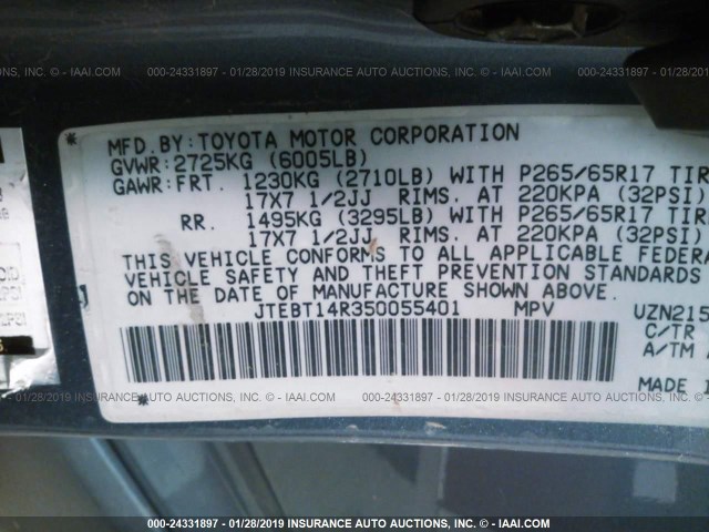 JTEBT14R350055401 - 2005 TOYOTA 4RUNNER SR5/SPORT BLUE photo 9