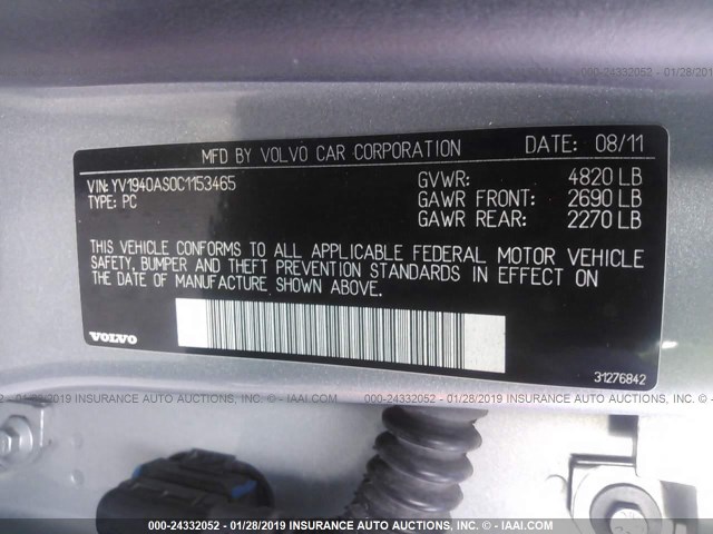 YV1940AS0C1153465 - 2012 VOLVO S80 3.2 SILVER photo 9