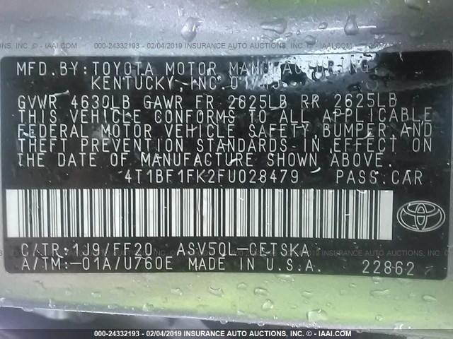 4T1BF1FK2FU028479 - 2015 TOYOTA CAMRY LE/XLE/SE/XSE SILVER photo 9