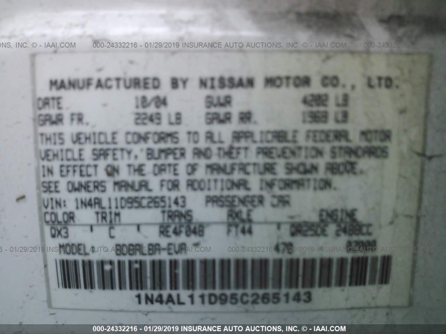 1N4AL11D95C265143 - 2005 NISSAN ALTIMA S/SL WHITE photo 9