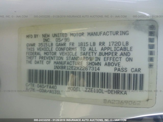 1NXBR12E2XZ267314 - 1999 TOYOTA COROLLA VE/CE/LE 白色 照片 9