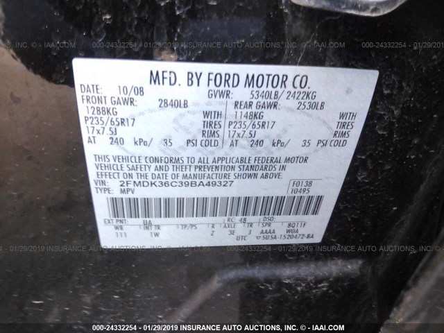 2FMDK36C39BA49327 - 2009 FORD EDGE SE BLACK photo 9