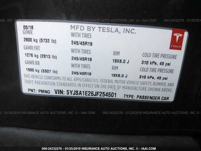 5YJSA1E26JF254501 - 2018 TESLA MODEL S GRAY photo 9