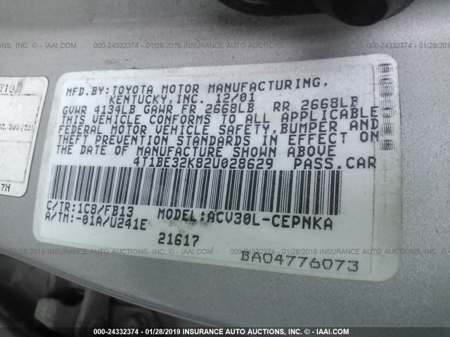 4T1BE32K82U028629 - 2002 TOYOTA CAMRY LE/XLE/SE SILVER photo 9