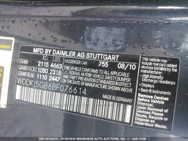 WDDKJ5GB6BF076614 - 2011 MERCEDES-BENZ E 350 GRAY photo 9