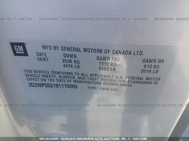 2G2WP552181115689 - 2008 PONTIAC GRAND PRIX SILVER photo 9