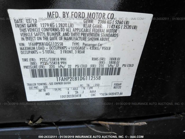 1FAHP2E81DG112558 - 2013 FORD TAURUS SEL BLACK photo 9